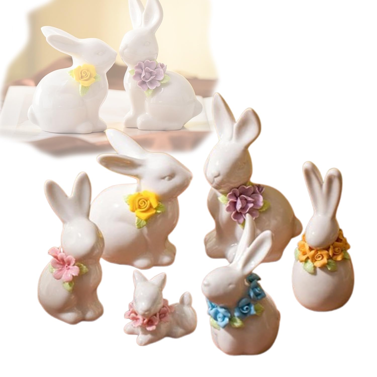 Statuetta in ceramica a forma di coniglietto bianco con fiori per primavera, Pasqua, casa, ufficio, scrivania, mensola decorativa