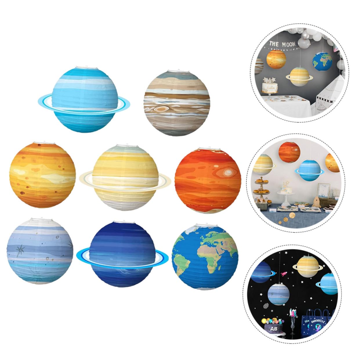 8 Stück Teiliges Planetenset Papierlaternen Weltraum Dekoration für Kindergeburtstag Raumdeko mit Sonnensystem Motiven in Braun Rot Hellblau Gold Dunkelblau Gelb und Blau