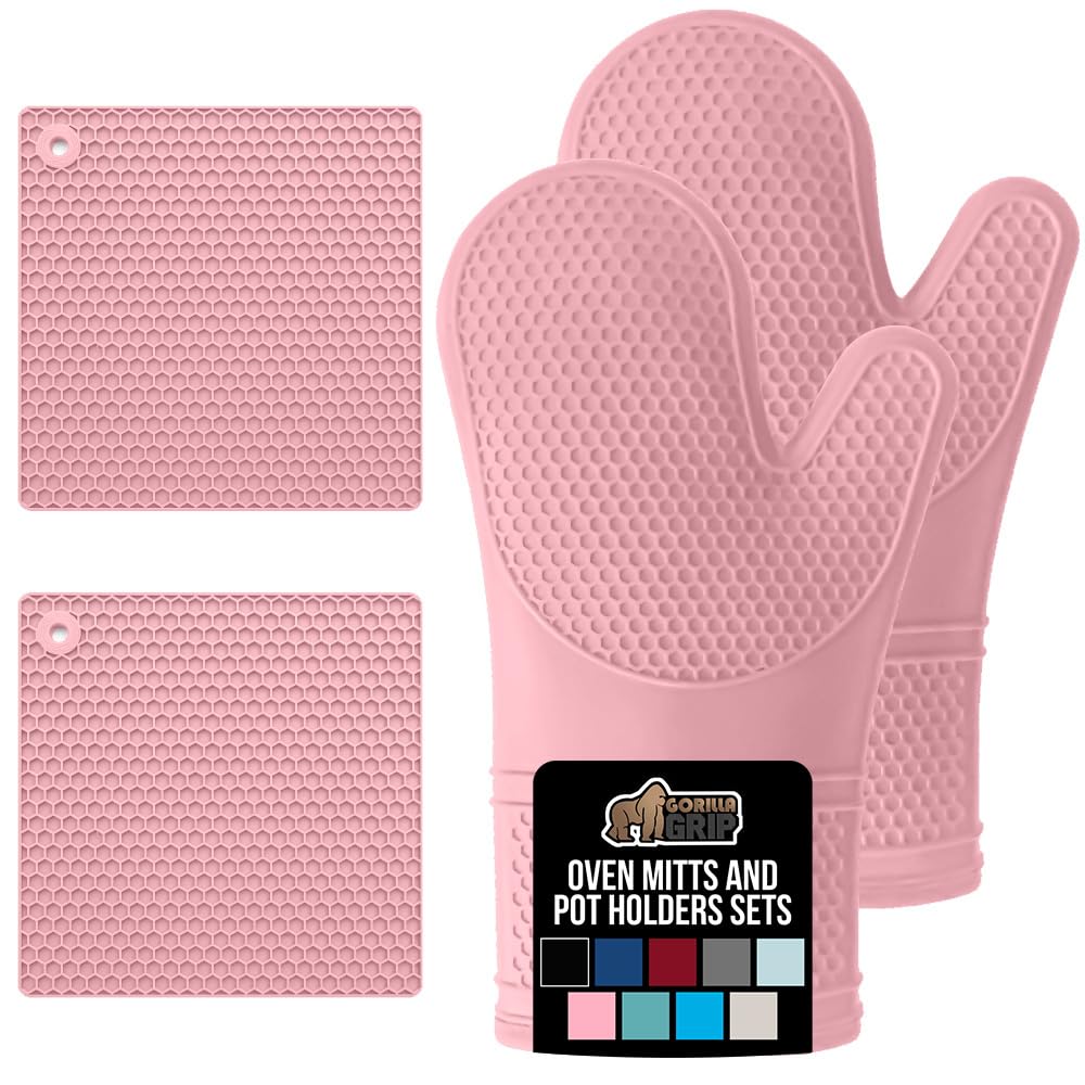 Heat and Slip Resistant 4 Piece Silicone Oven Mitt and Trivets Set, Waterproof, Cotton Lined Gloves, BPA-Free, Long Cooking Mitts and Trivet Mats, Kitchen Potholder Sets for Pans, Pink