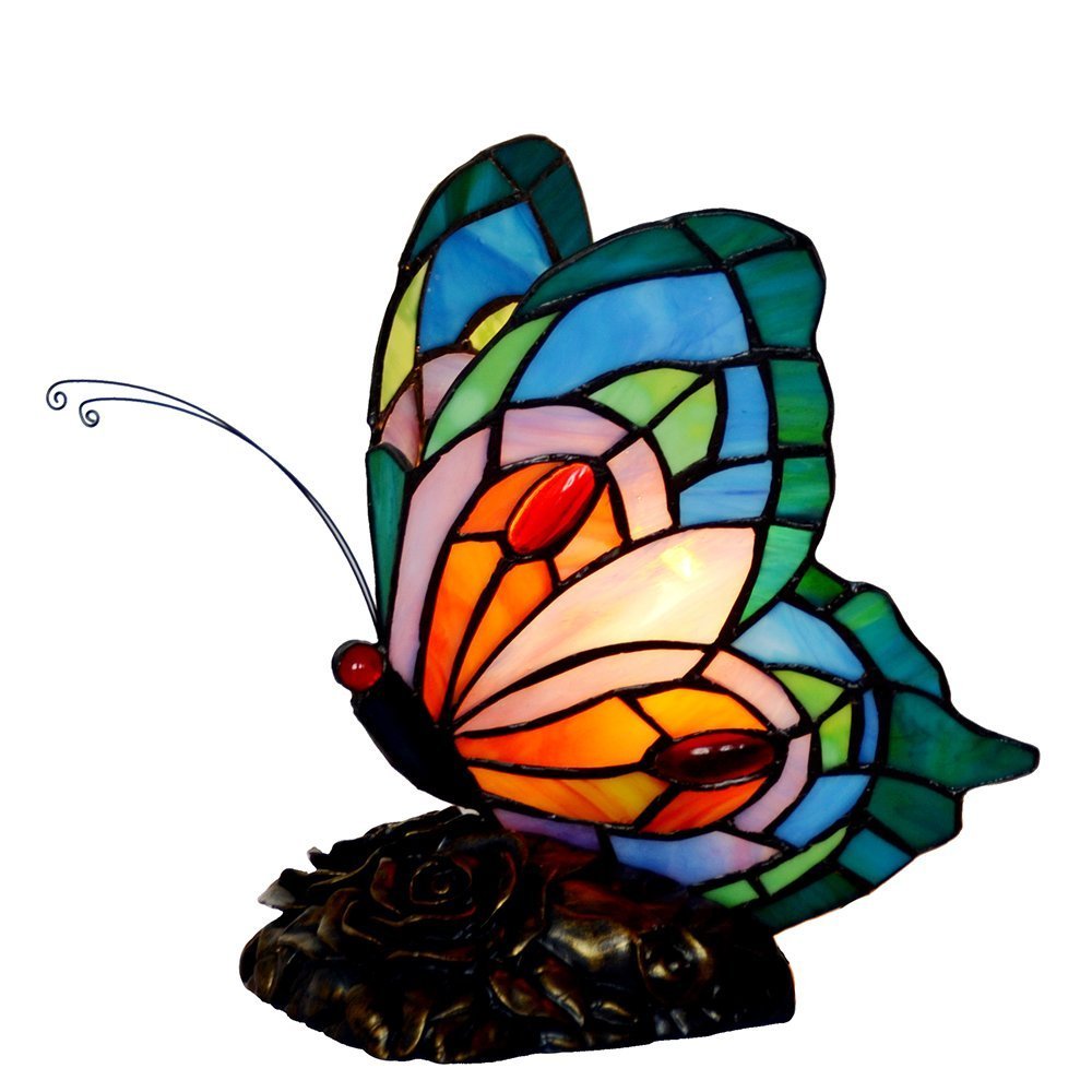 Bieye L10040 Butterfly Tiffany Style Stained Glass Accent Table Lamp, Night Light (Multi-Colored C)