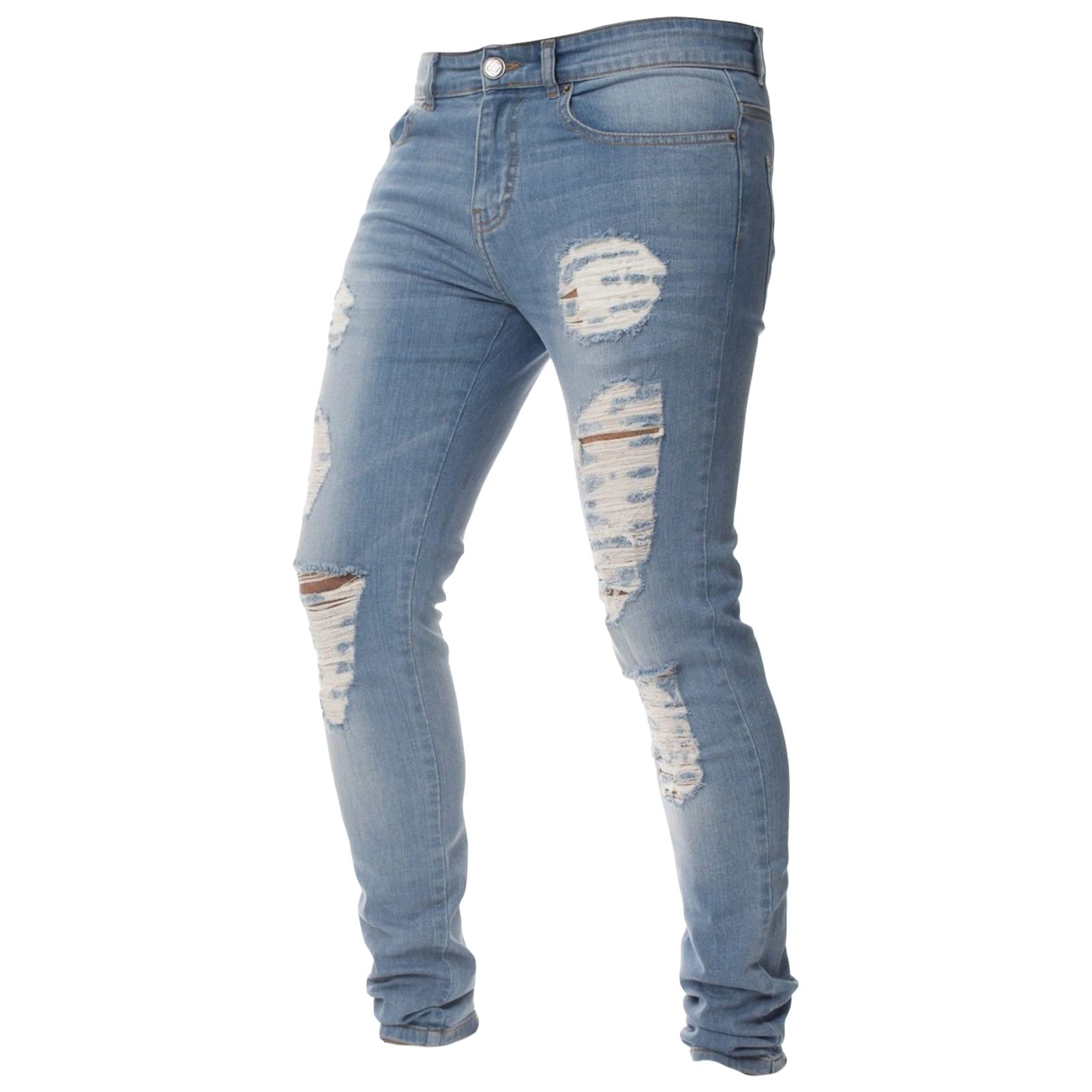Mens Distressed Tapered Leg Jeans Destroyed Slim Fit Skinny Denim Pants Vintage Ripped Holes Stretch Jean Trousers