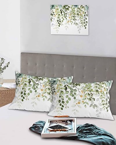 Miniatura 5 de BOBOWUNY Fundas de almohada de hojas verdes salvia, tamaño estándar, paquete de 2, fundas de almohada suaves, transpirables, refrescantes, largas,
