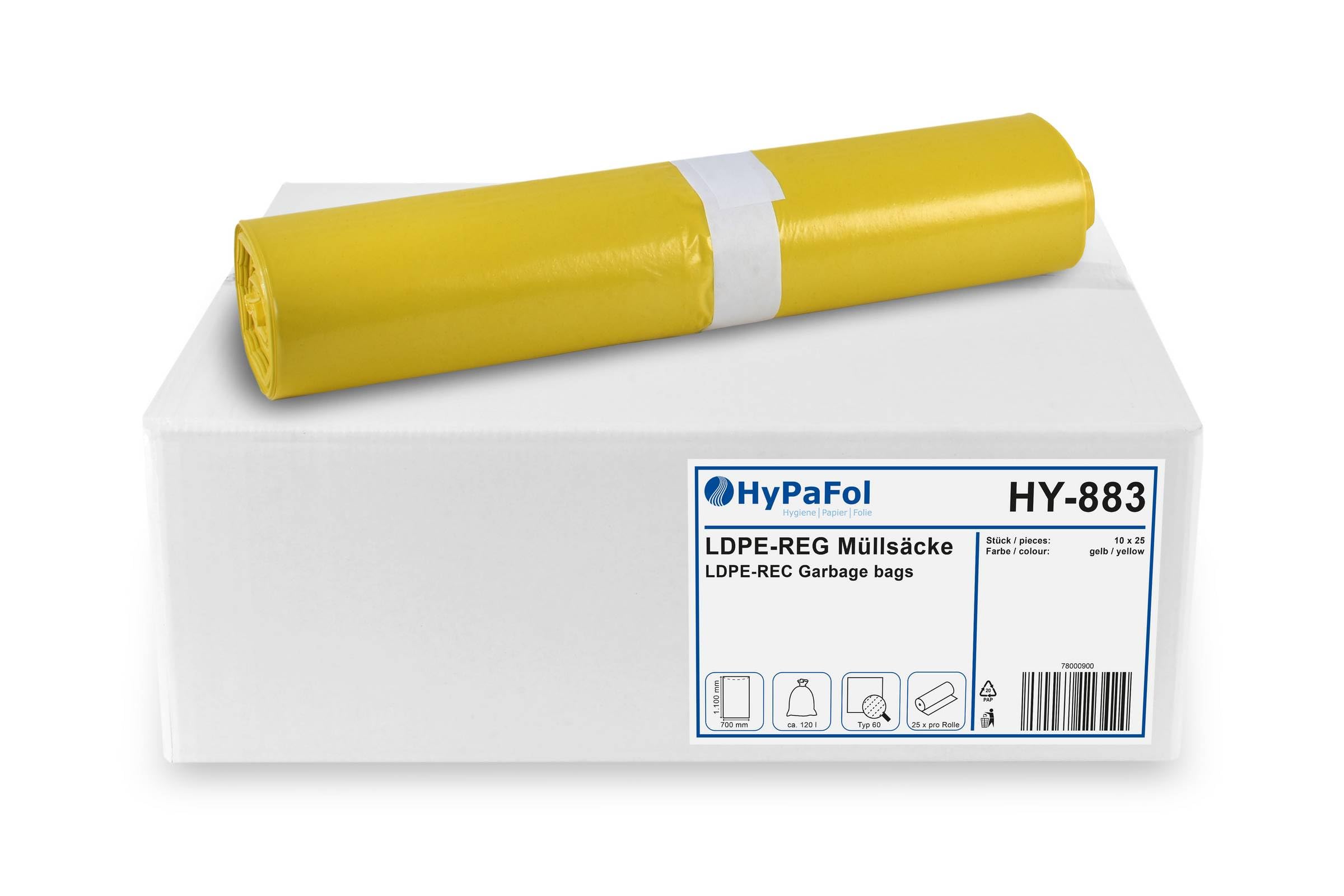 Hypafol Müllsäcke 120 L, 250 Stück | Gelber Sack, reißfest