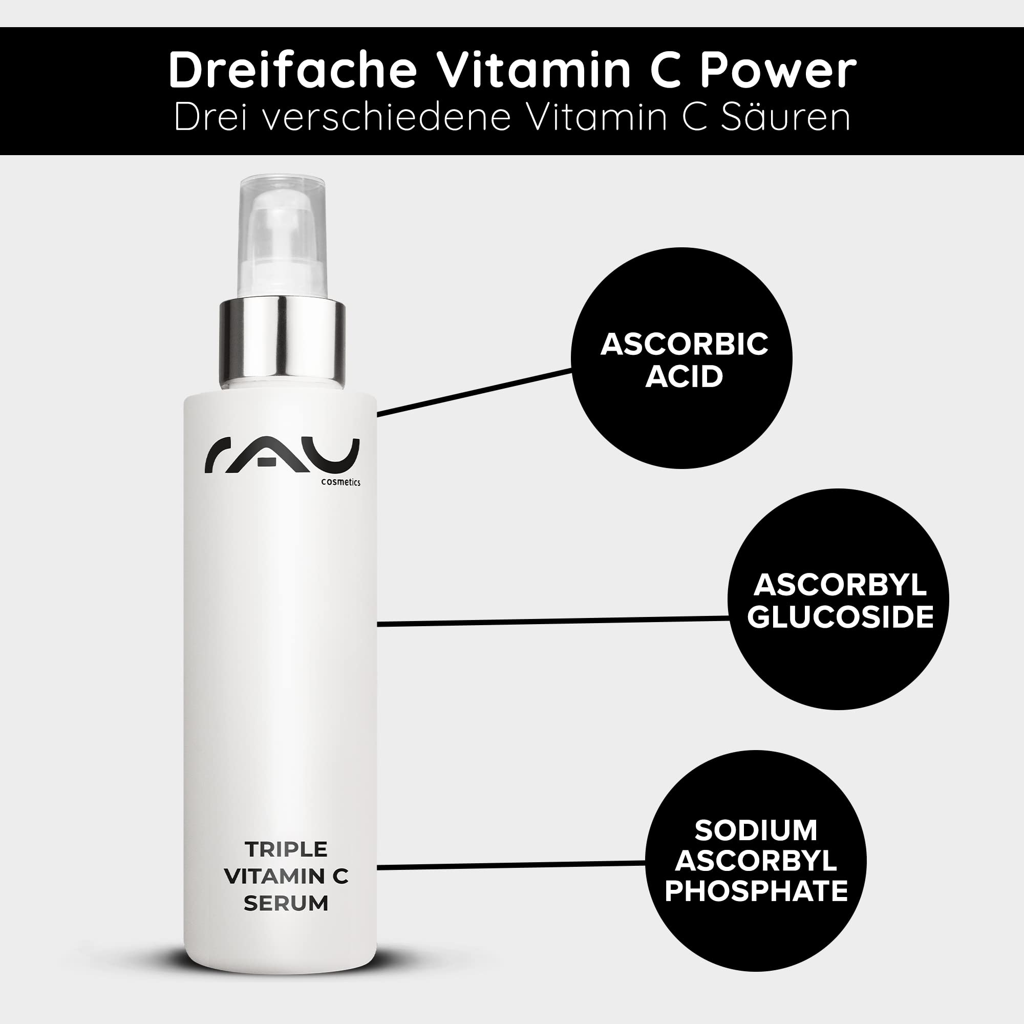 RAU Cosmetics Triple Vitamin C Serum 100 ml - Gesichtsserum mit 3-fach Vitamin C & Irish Moss Alge - Anti-Aging Pflege für Strahlenden Teint & Ebenmäßige Haut - Vegan, Made in Germany