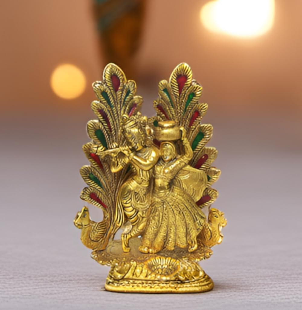 Purpledip Metal Idol Radha Krishna Ras Leela: Glorious Statue with Peacocks & Diya (12197)