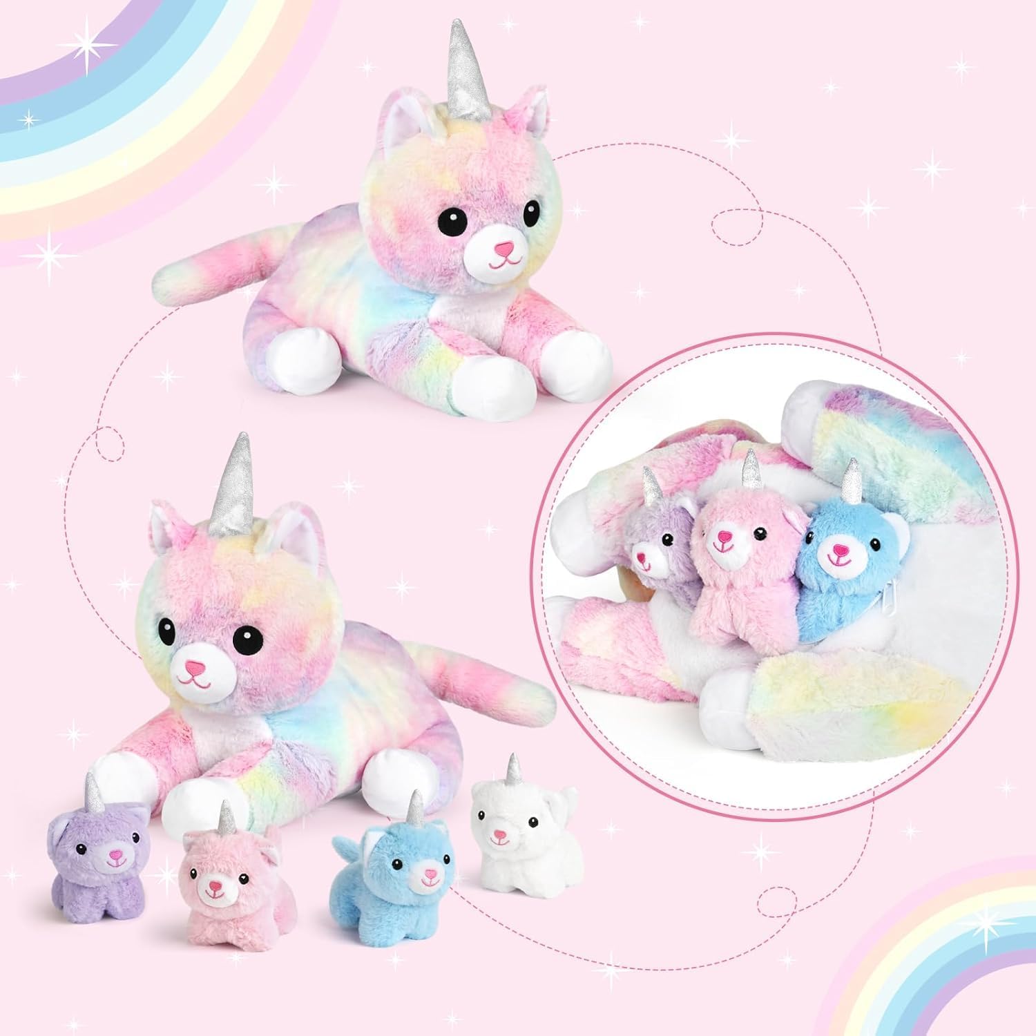 KMUYSL Toys for Ages 0 1 2 3 4 5 6 7 8+ Years - Plush Mommy Stuffed Animal with 4 Babies in Her Tummy, Soft Plush Toys Set, Christmas Birthday Gifts for Girls Boys, Toddler, Kids (Unicorn Cat Toys) - Image 2