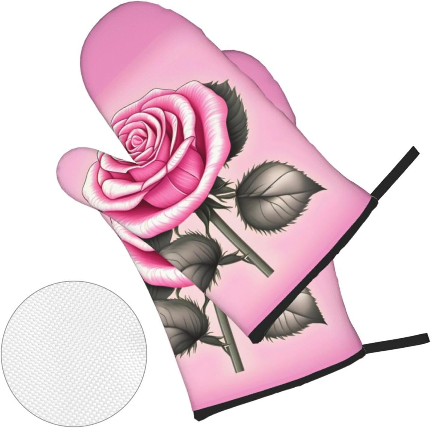 Beautiful pink roses Oven gloves and heat-resistant mat 4-piece set. Suitable for grilling, microwave oven frying, and baking