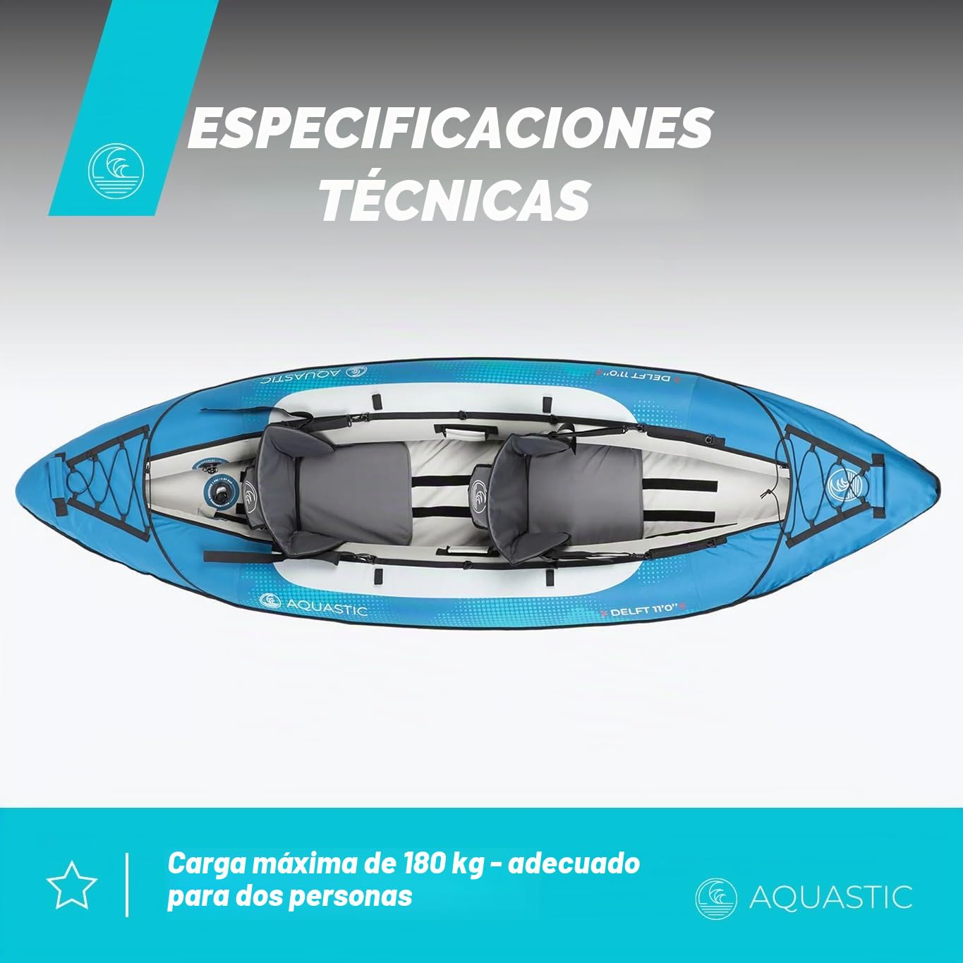 AQUASTIC Kayak DELF 11'0" Kayak Hinchable para 2 Personas con Dos Asientos Bomba Quilla Central y Funda Azul Kayak con Dimensiones 335x96 cm Ideal para Rafting y Excursiones Material PVC Resistente
