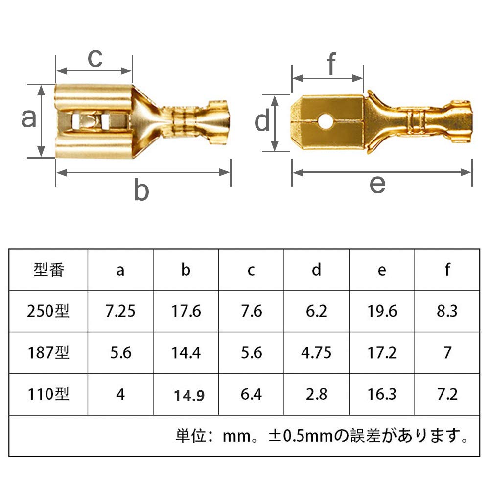 Amazon | WayinTop 平型端子セット 250型 187型 110型 連鎖形 圧着端子