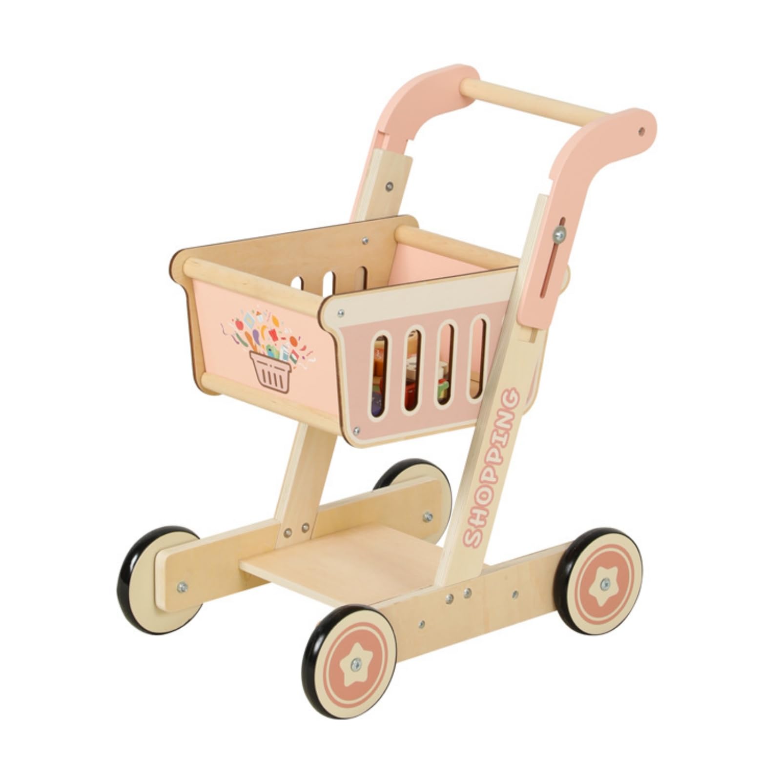 Carrello Shopping Giocattolo Carrello Spesa Giocattolo Bordi Arrotondati Legno Naturale per Bambini