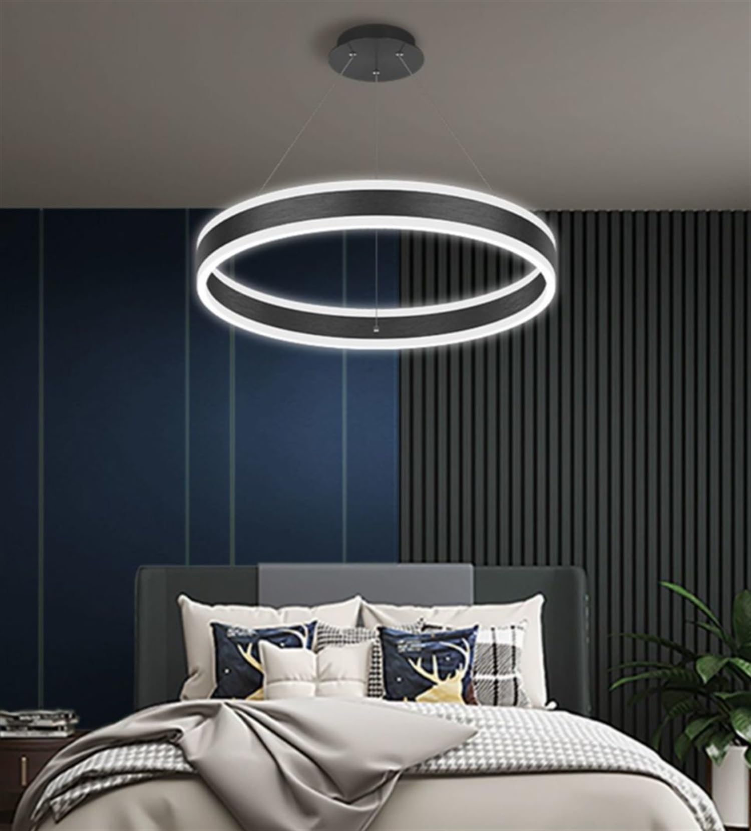 Modern LED pendant light, living room lamp ring design black height-adjustable pendant lights dimmable dining room light with memory function chandelier for bedroom kitchen indoor (Size : 40CM)