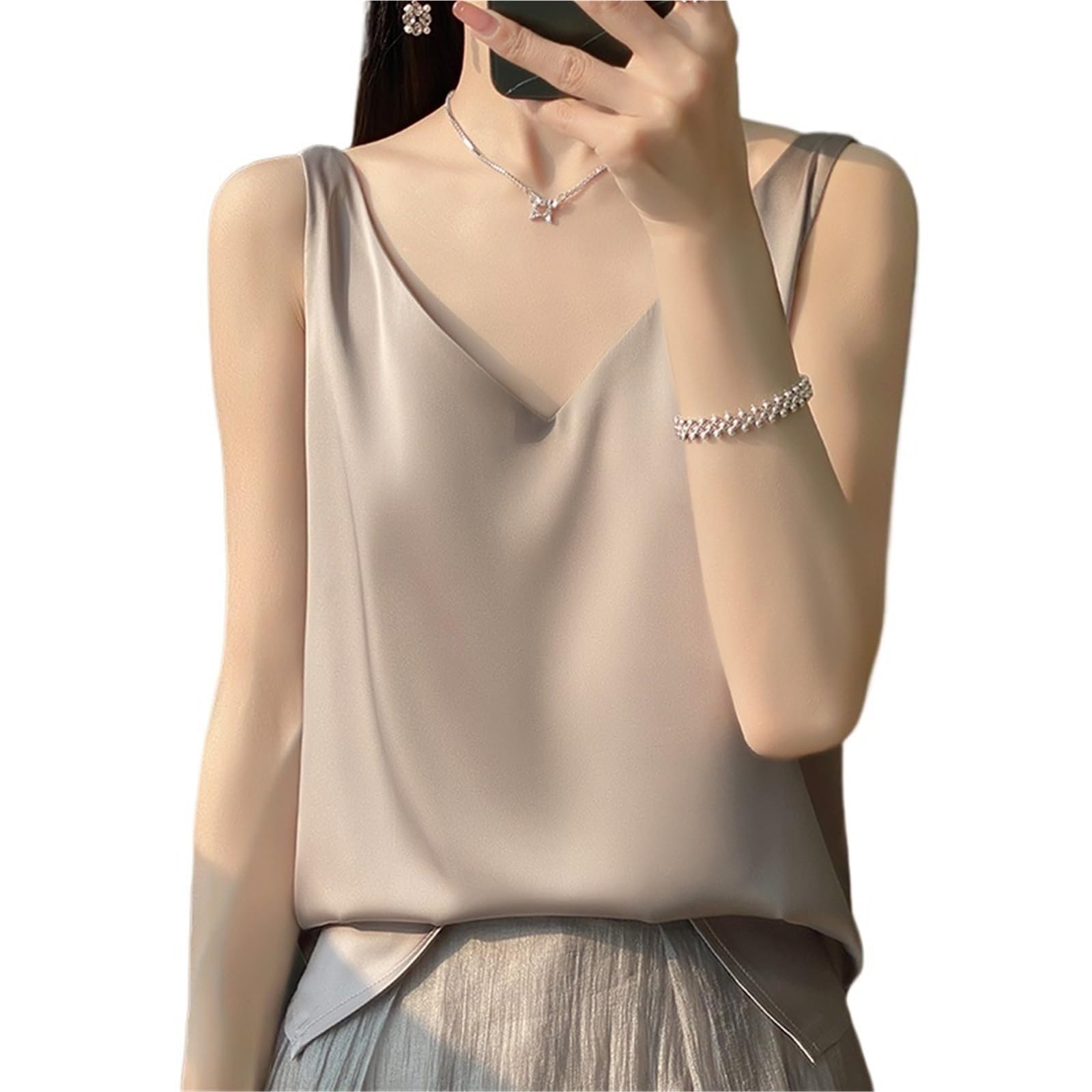 Caraco Femme Débardeur en Satin de Soie for Femme, col en V Basique, Multicolore, sans Manches, Bas Sexy d'été