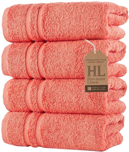 Image of Hammam Linen Coral Orange Hand Towels 4-Pack - 16 x 29 Turkish Cotton Premium Quality Soft and Absorbent Small Towels for Bathroom