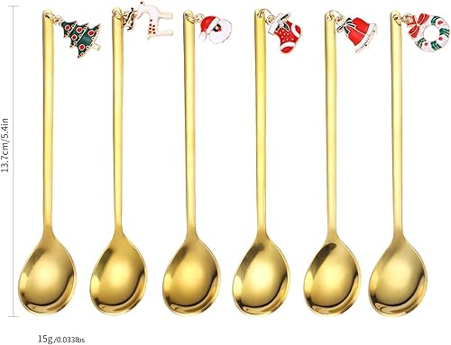 Miniatura 2 de Cucharas de café doradas de Navidad, 6 piezas de cubiertos pequeños de acero inoxidable, colgantes decorativos de Navidad, lindos agitadores para
