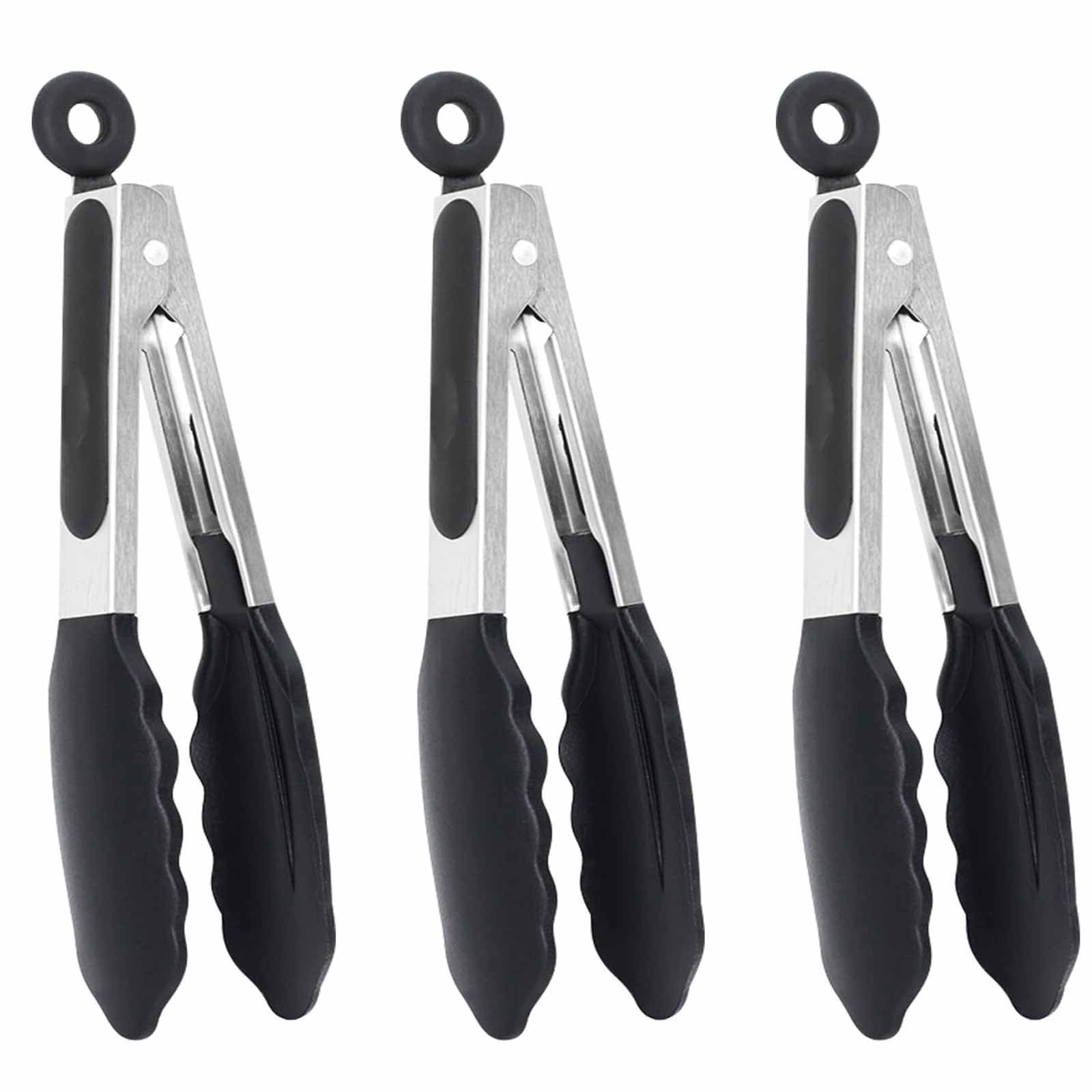 3PC Small Kitchen Tongs with Silicone Tips, 21.5cm Black Mini Tongs, Cooking Tongs Easy to Clean, Silicone Food Tongs for Kitchen Use