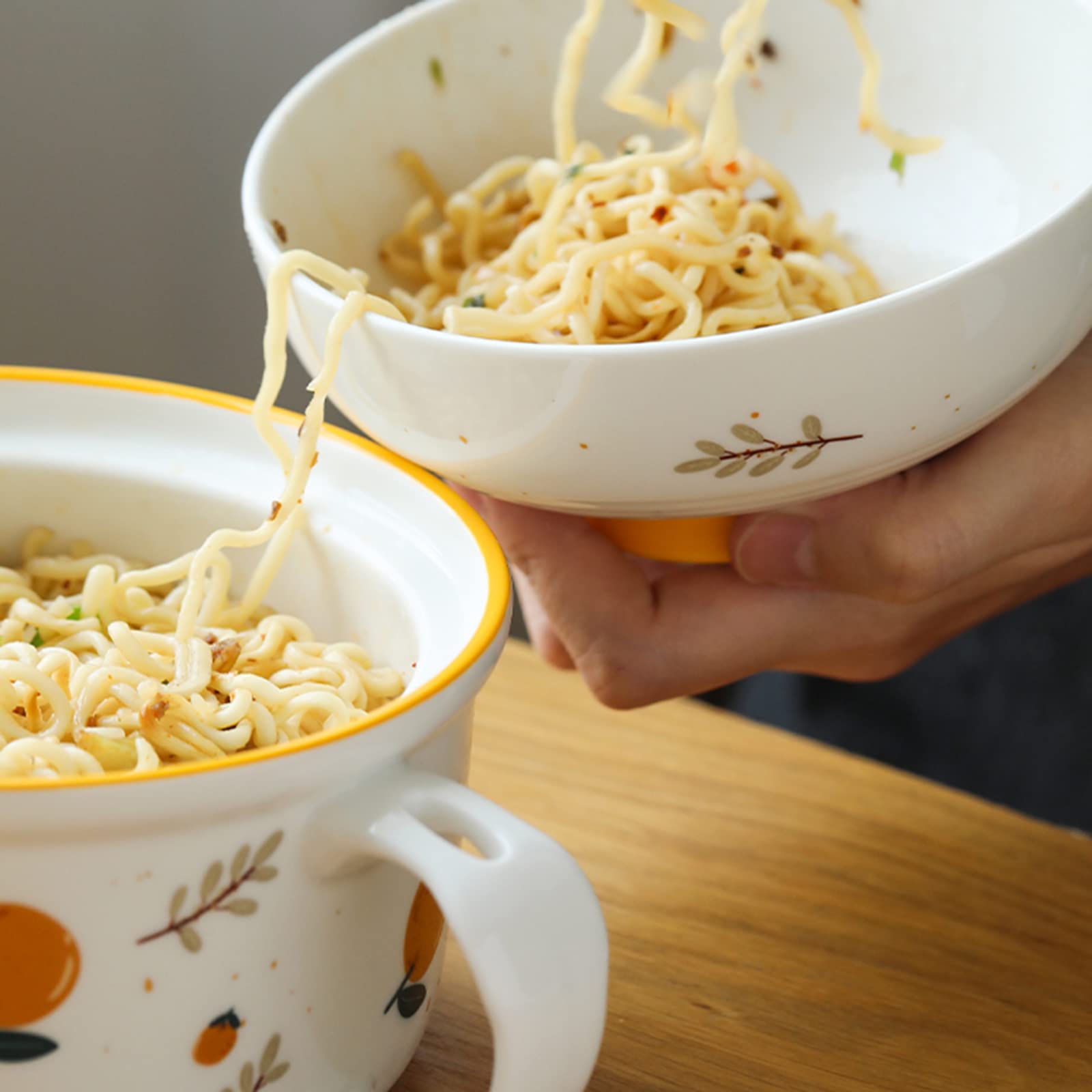 Ceramiczna Miska Na Makaron Instant, Śniadanie/Obiad Z Uchwytem I Pokrywką, Bezpieczna Do Mikrofalówki, Zupa, Sałatka, Płatki Zbożowe, Do Biura W Akademiku - 750 Ml + 390