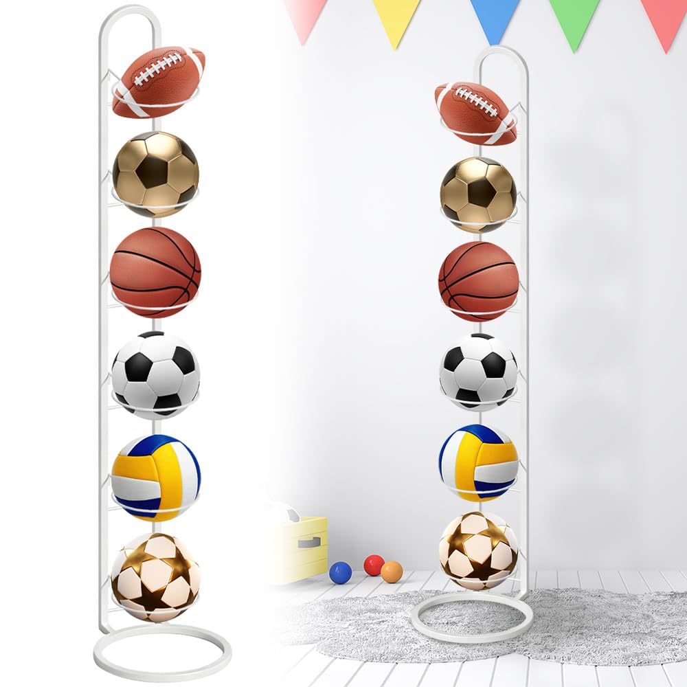 6 Strati Porta Palloni, Rastrelliera da Basket Verticale, Supporto per Palloni da Calcio, Scaffale di Stoccaggio Della Palla Rimovibile Scaffale di Stoccaggio di Attrezzature Sportive (Bianco)