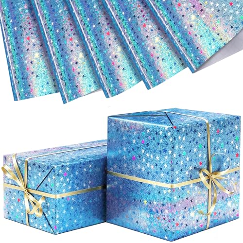 Holographic Blue Wrapping Paper 43 * 60cm Metallic Shining Blue Wrapping Paper Stars Design for Fathers Day Birthday Christmas Decoration