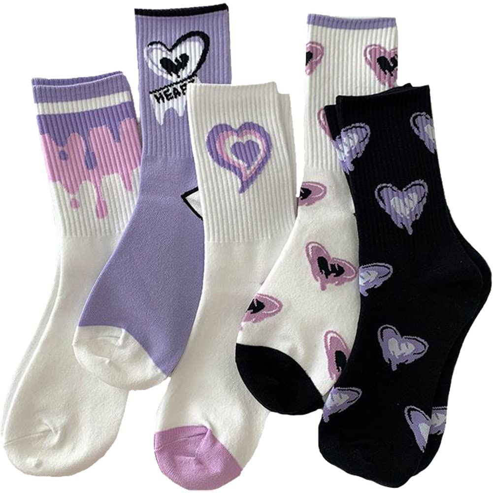 Danlai Women's As Shown Purple Socks Harajuku Floral Print Kawaii Cute Socks Streetwear Retro Cotton Socks