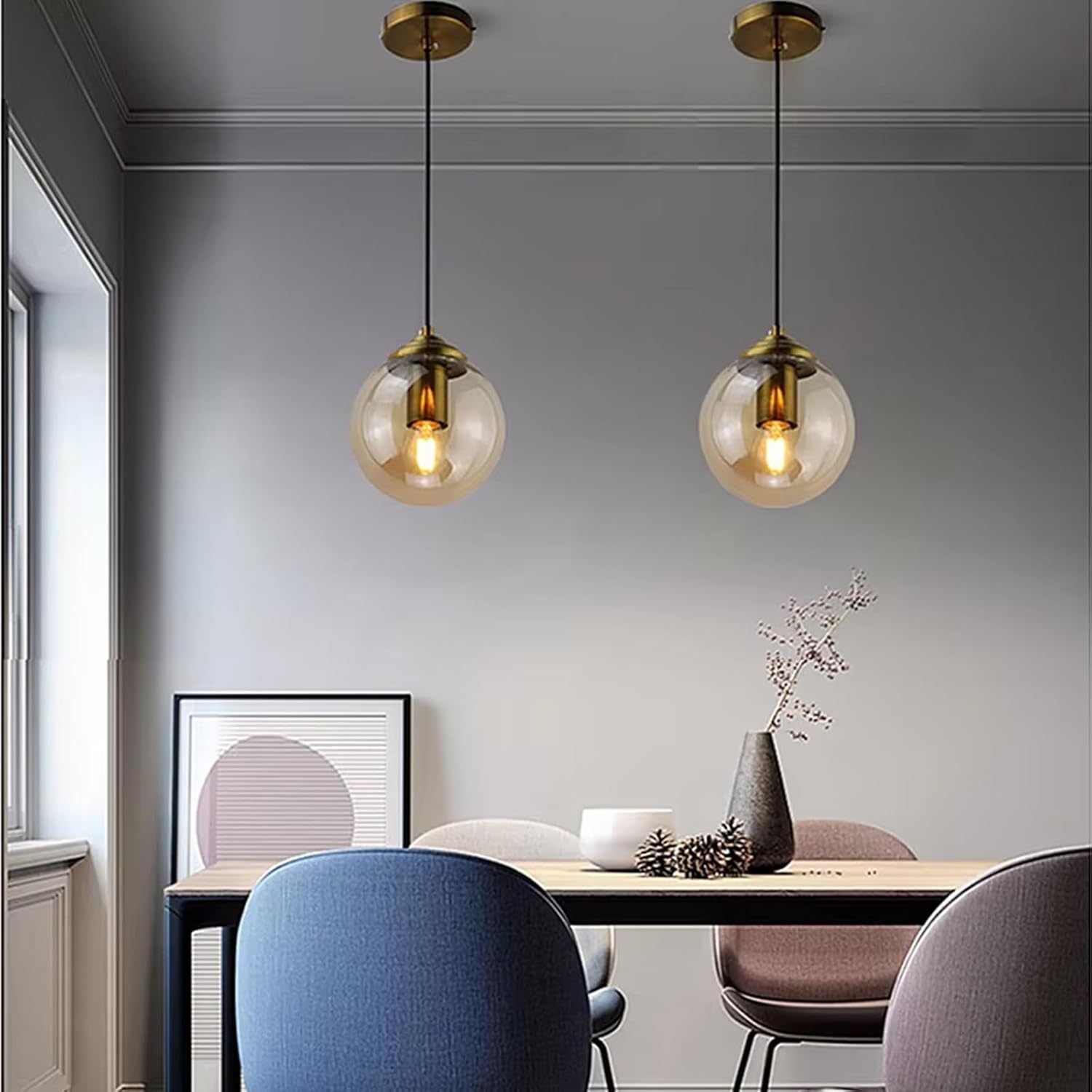 Lampadario industriale vintage in ottone a 3 luci Trasparente/Grigio fumé/Ambra Lampada a sospensione a sfera in vetro Cluster E27 Lampada a sospensione per soggiorno con isola cucina