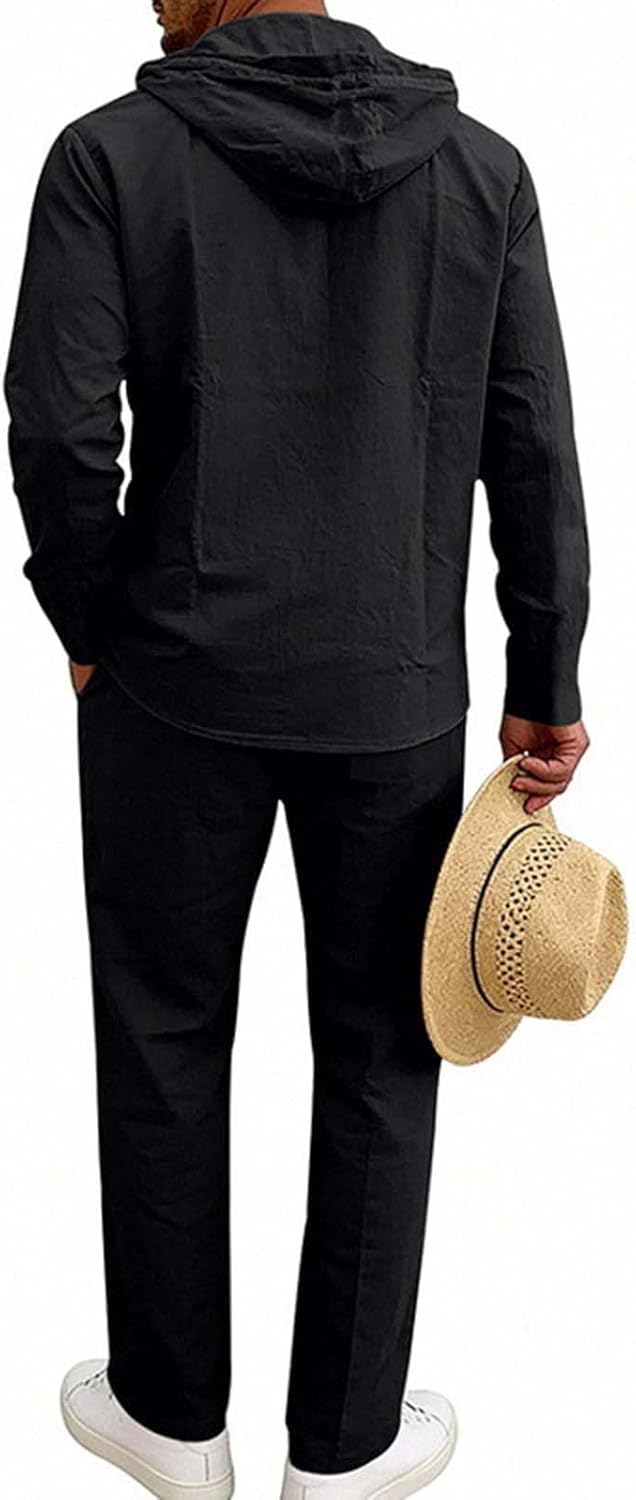 Cambkatl Men's Linen Suits Pullover Casual Long Sleeve Hoodies Henley Shirts Beach Yoga Pants Summer Vacation Outfits