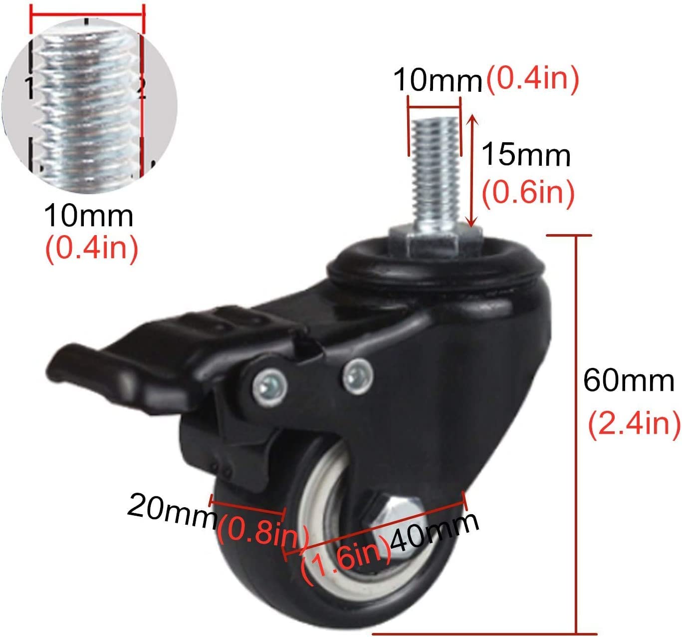 Rotelle for ufficio Rotelle for mobili for carichi pesanti, Rotelle con stelo, Ruote in poliuretano da 40 mm, Ruote girevoli for carrello, Rotella di ricambio, Altezza stelo filettato 15 mm, Portata 1