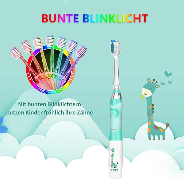 Seago Cepillo de Dientes Infantil Eléctrico Para Niños 3–12 Años Kids Con Luz de Colores,Temporizador Inteligente de 2 minutos,4 Cabezales Suaves SG-EK6/SG-977 (Verde) - 2