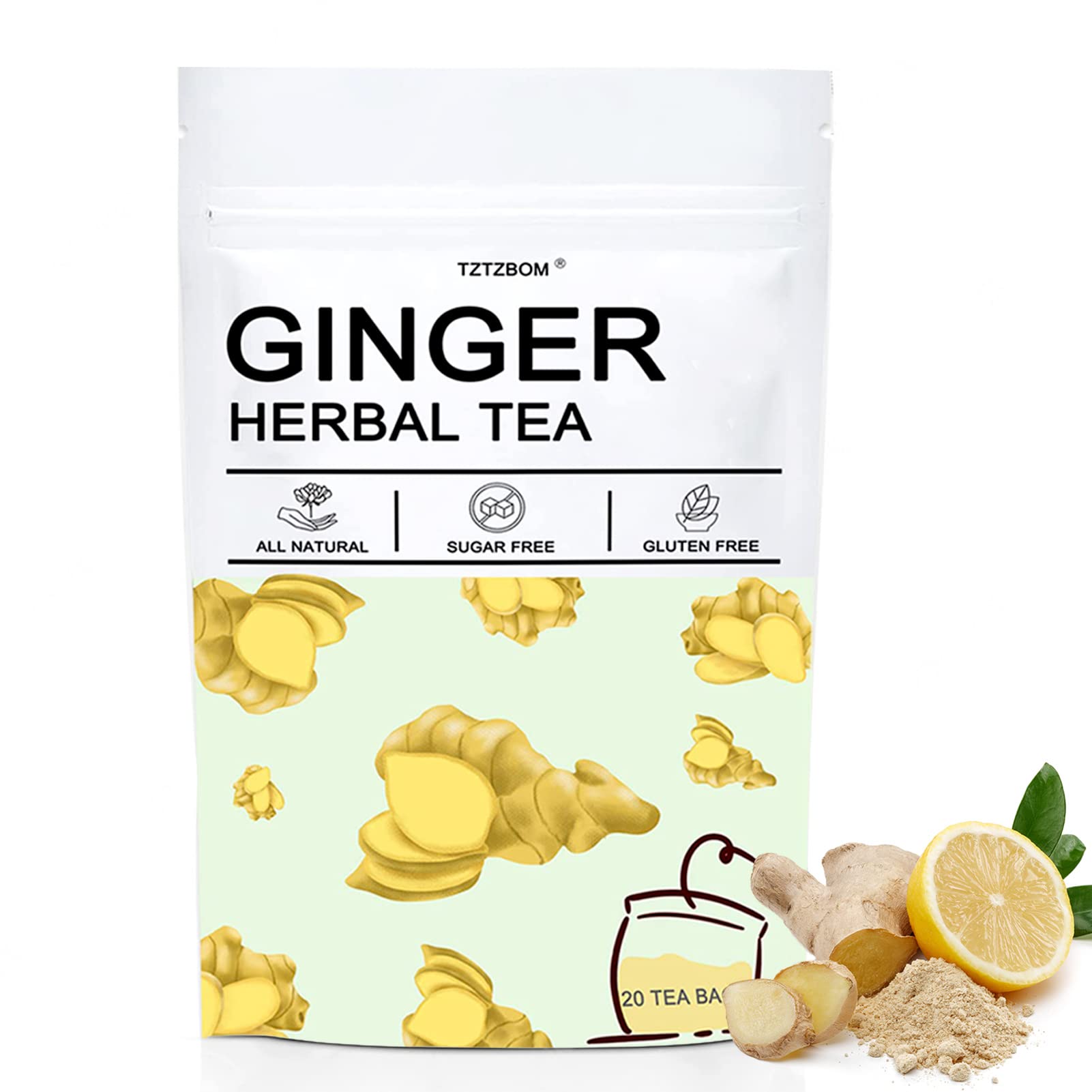TZTZBOM Ginger Tea Bags - 100% Pure Ginger Root & Lemon Peel & Liquorice Root - Soothing & Spicy Blend Natural Herbal Tea (20 Tea Bags)