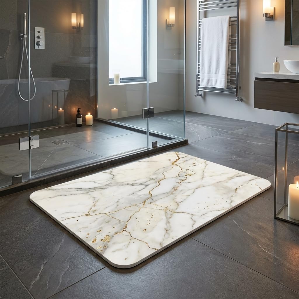 Tappeto diatomite bagno (60 x 40 cm) - Pietra assorbente ad asciugatura istantanea, antibatterico e antiscivolo, per doccia e cucina, effetto marmo avorio