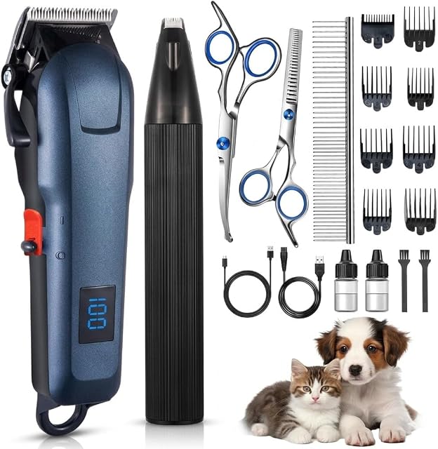 Kit de grooming pour chiens, 5-in-1 Clippers professionnels pour chiens, kit de grooming pour animaux sans fil rechargeable à faible bruit, adapté aux petits chiens, aux grands chiens et aux chats à revêtement épais, comprenant peigne, pinces et pince à ongles