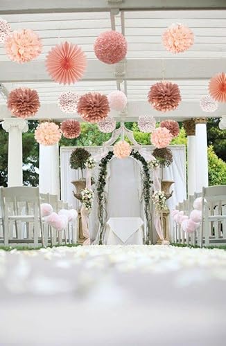 Roségold Deko 12pcs Pompons Rose Gold Seidenpapier Pompoms Geburtstagsdeko Papier Fächer Rosa Pom Poms Set für Party Mädchen