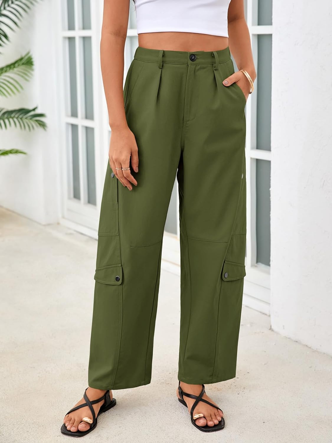 Aoysky Womens Wide Leg Barrel Pants Elastic High Waisted Casual Trendy Loose Baggy Trousers with Pockets - Image 3