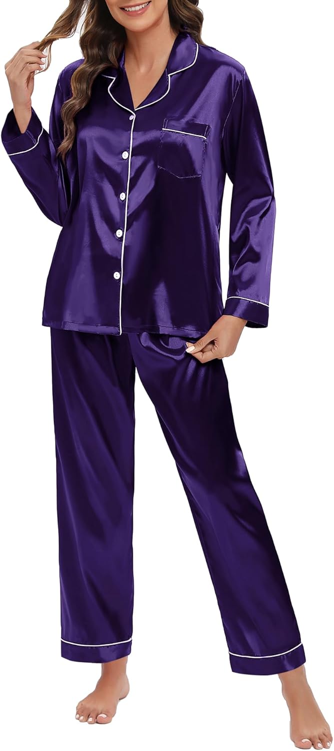 Women's Silk Satin Pajamas Set Long Sleeve Sleepwear Soft Pjs Set Two Piece Button Down Loungewear Pj Set - Image 2