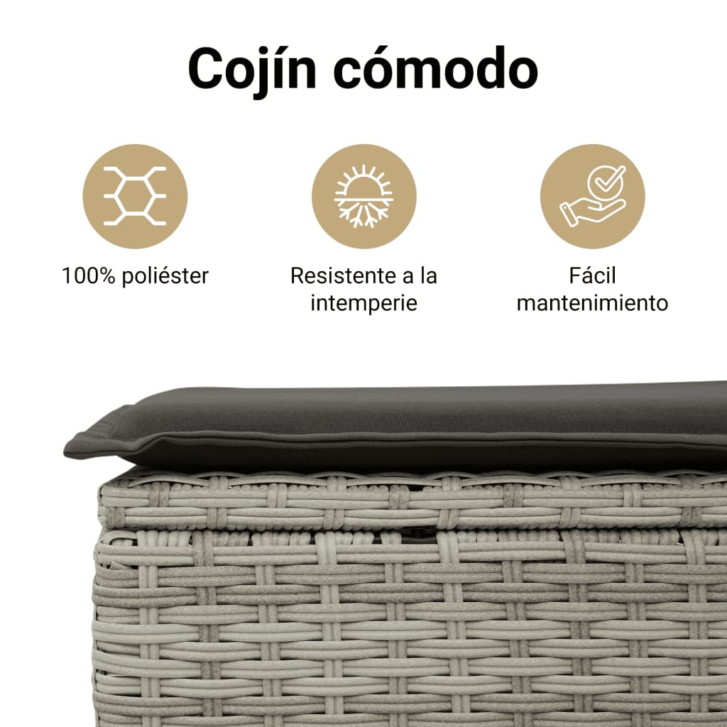 vidaXL Taburete de Jardín con Cojín, Reposapiés con Funda Extraíble, Asiento de Exterior, Taburete para Patio Terraza, Ratán Sintético Gris Claro
