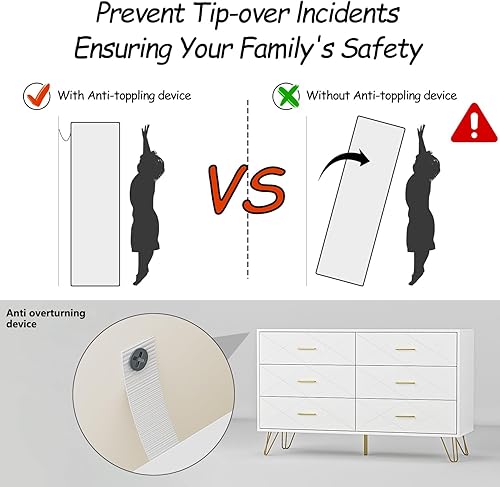 Miniatura 6 de Cómoda para dormitorio, cómoda blanca con 6 cajones profundos, cómoda ancha con asas doradas para sala de estar