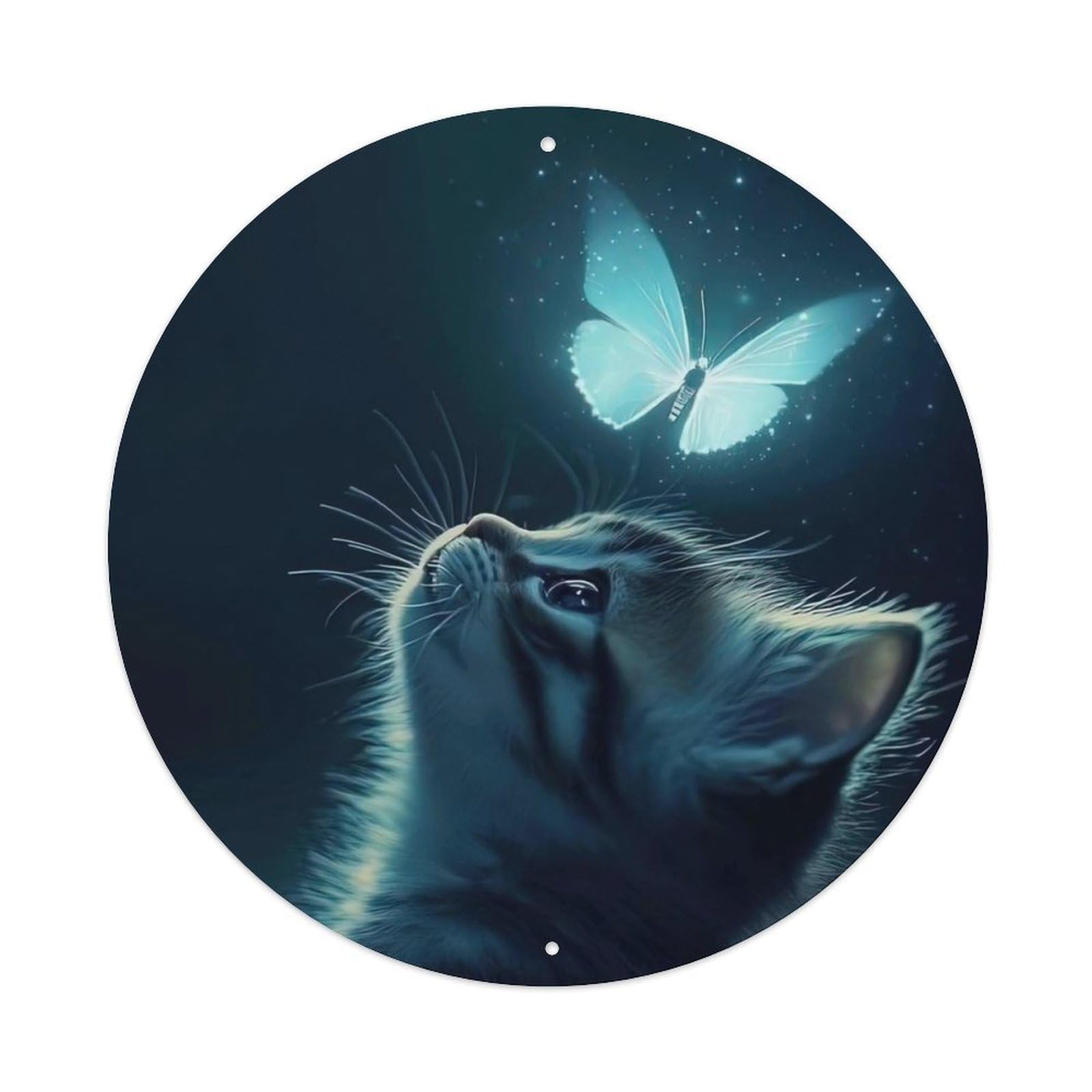 Cwbufd Vintage Style Animal Tabby Kitten Blue Butterfly Night Fantasy Glowing Wildlife Vintage Metal Tin Sign Plaque Wall Decor For Cafe, Club Bar, Office, Garden Metal Poster 8X8inch