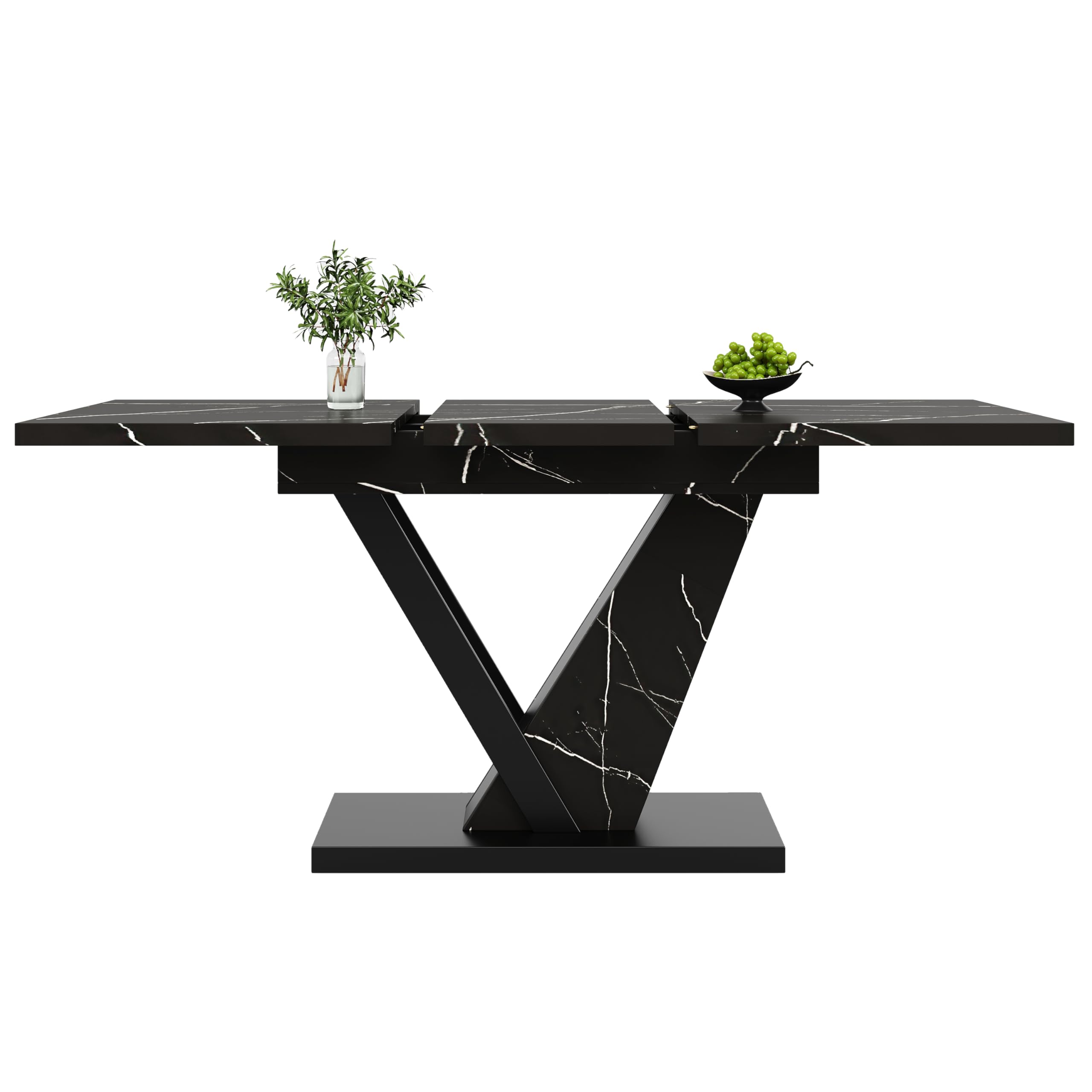 Mesa de comedor telescópica extensible (120-160 cm) con elegante acabado de mármol negro, versátil mesa de cocina y sala de estar, platos ajustables para reuniones familiares