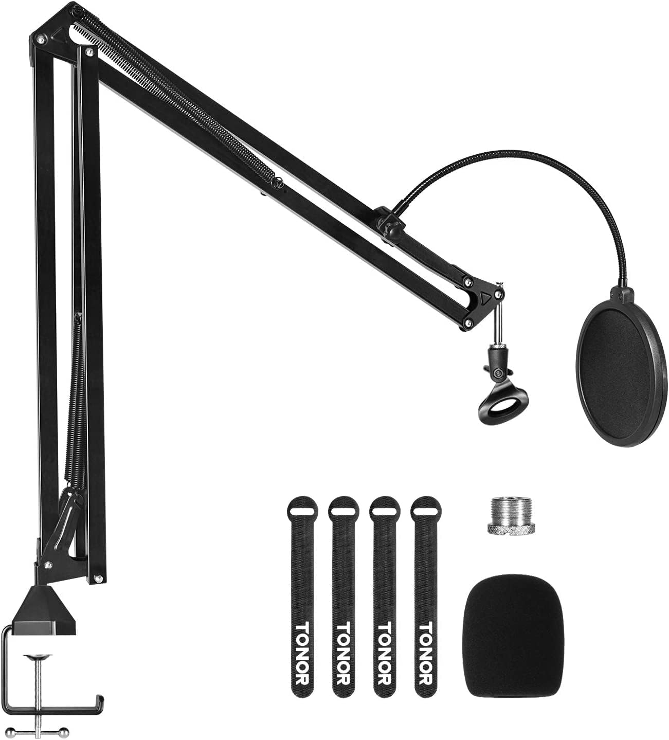 TONOR Microphone Arm Stand, Adjustable Suspension Boom Scissor Mic Stand with Pop Filter, 3/8" to 5/8" Adapter, Excellent Compatibility, Mic Clip, Upgraded Heavy Duty Clamp, 47 cm +47 cm, T30