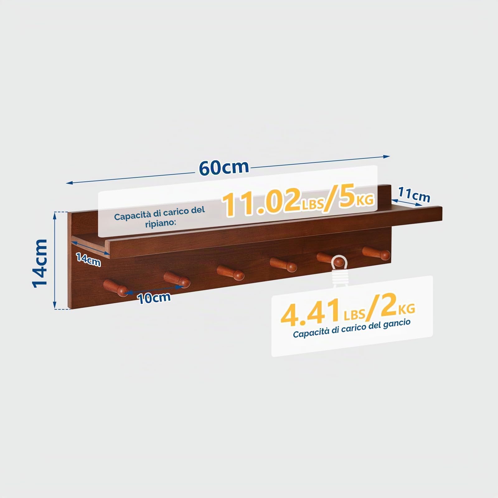 Aibiju Appendiabiti da Parete con Mensola 40 cm, Ganci da Parete in Legno con Contenitore, per Ingresso, Bagno, Cucina, colore Noce YD-WS0240H