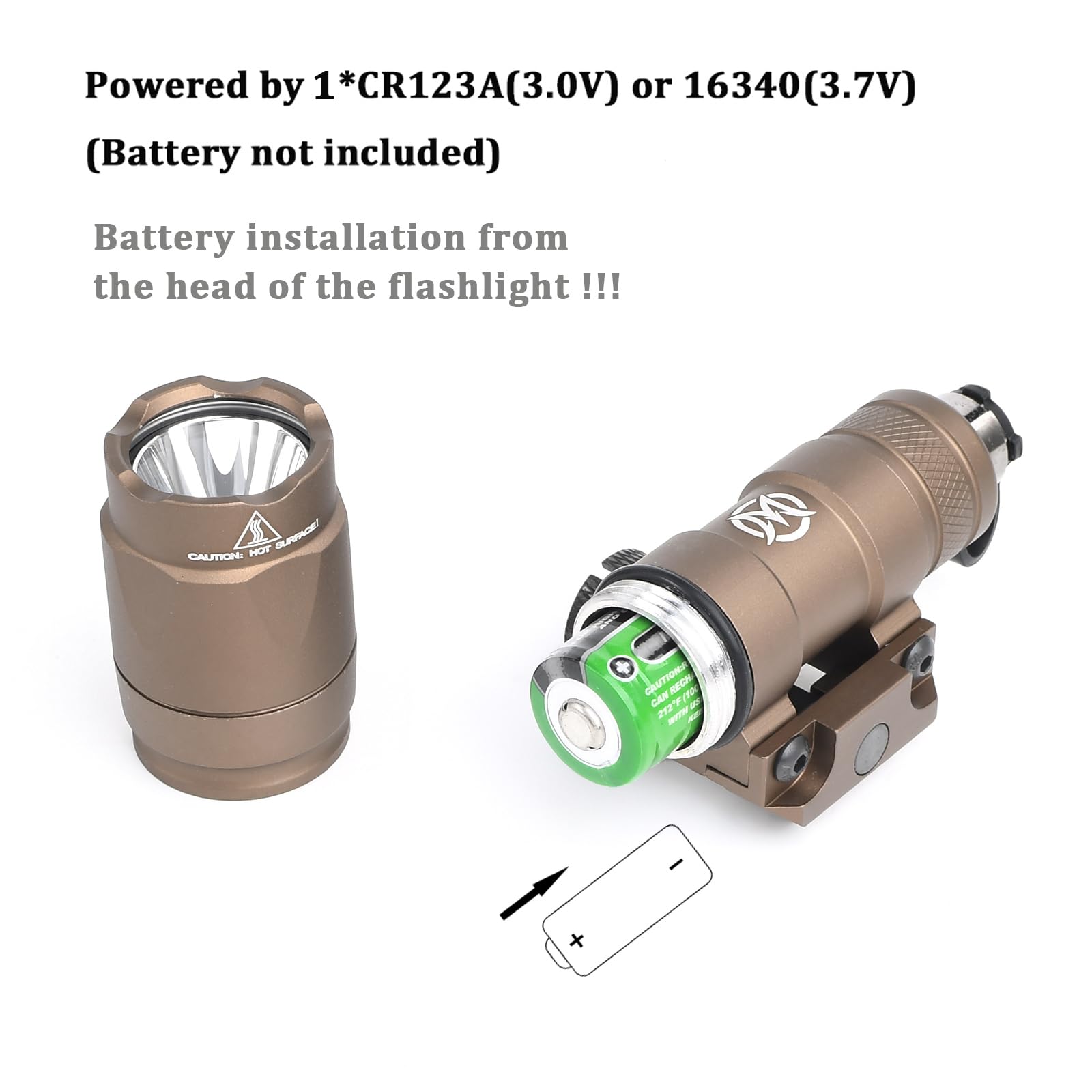 M300A Torcia Lanterna tattica con interruttore a pressione, lanterna da ricognizione a 600 lumen per il sistema ferroviario Mlok Keymod 20 mm Picatinini (Marrone)