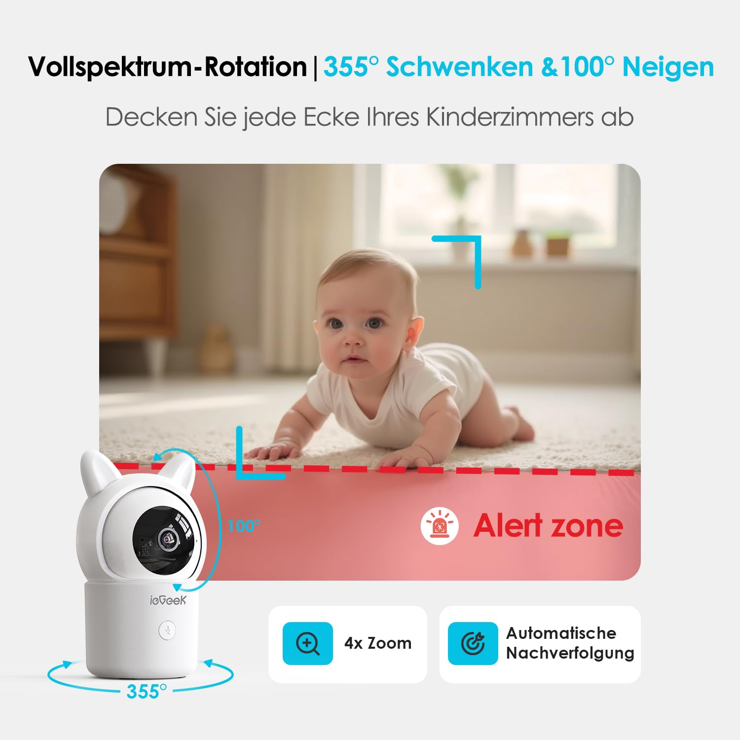 ieGeek Babyphone mit Kamera 1080P, App und 5 Zoll WLAN Video-Babyfon mit PTZ 355°, 4-Fach Zoom, Zonenalarm, Bewegungs-/Geräuscherkennung, Temperatur- und Feuchtigkeitssensor, Nachtsicht