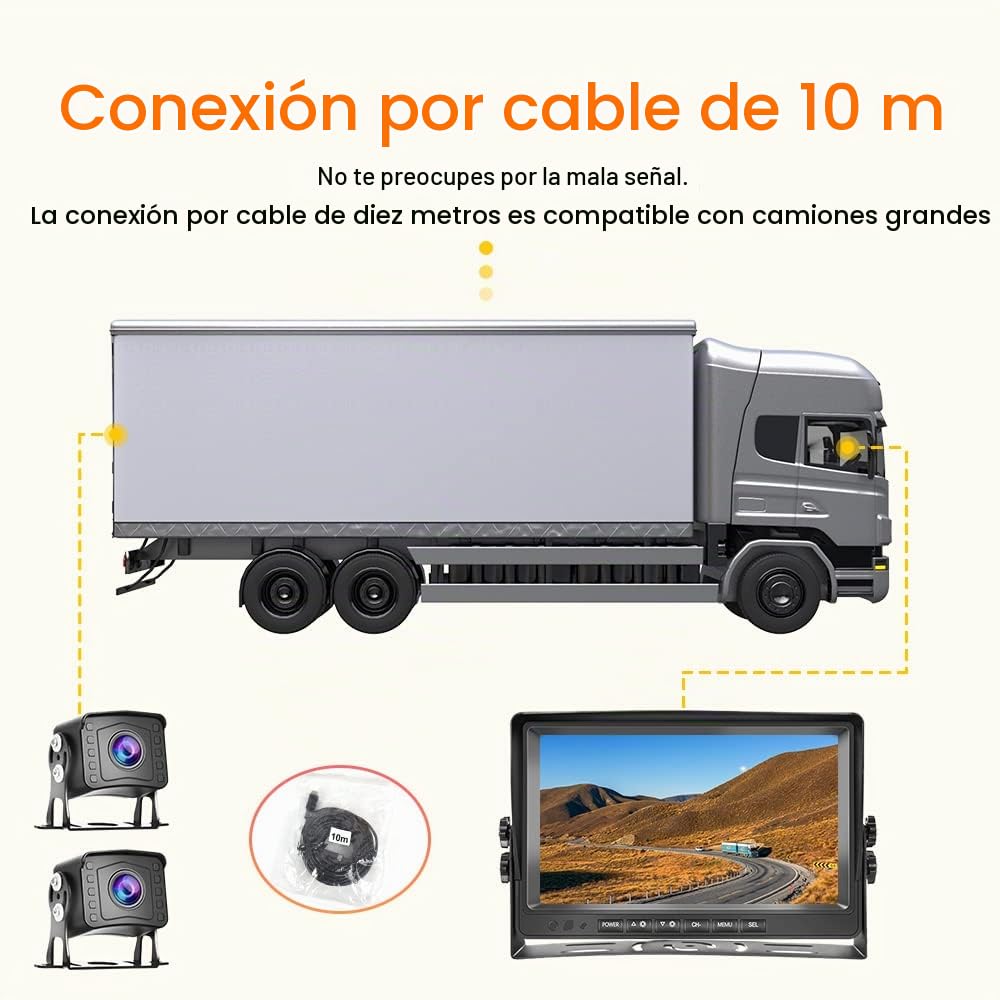 CAMECHO Cámara Marcha Atras Kit y 9 Pulgadas LCD Monitor+2* AHD Camara Trasera Coche con DVR Grabación Video, Impermeable 18IR Visión Nocturna+Cable de 2 x 10 m/12V-35V para Camion/Bus/Remolques/RV