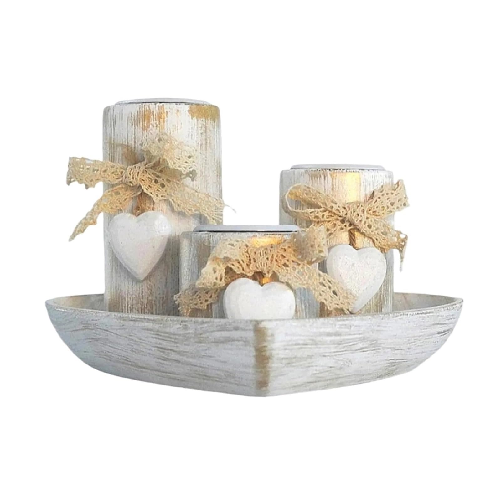 Wooden Tealight Candle Holder Rustic Handicrafts Wooden Heart Tray with 3 Pieces Tealight Holders Candle Holder Farmhouses and Weddings Centerpieces Decors