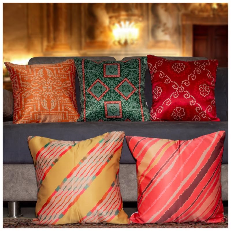 Image of Decorative Satin Sofa Cushion Covers Set of 5, 16 x 16 Inches, Multicolor Floral Printed Pillow Covers for Living Room, Bedroom, Couch & Sofa, Soft Glossy Fabric, Zipper Closure
