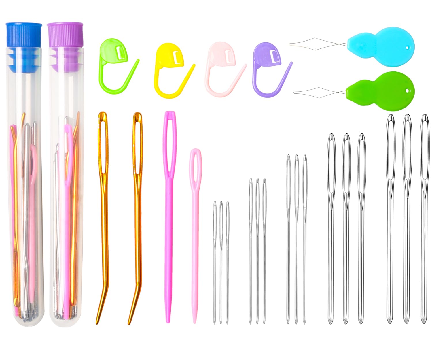 Hekisn 45Pcs Large Eye Blunt Yarn Needles kit, Assorted Sizes Bent Tapestry Darning Needle, Sewing Needles with Needle Threaders &amp; Stitch Markers for Knitting Crochet (Purple&amp;Blue)