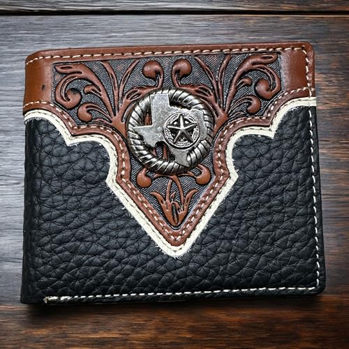 Men’s Short Leather Wallet – Floral Tooled Inlay with Texas State and Star Concho – Western Cowboy Bifold Wallet for Texans, Ranchers & Patriotic Gifts2