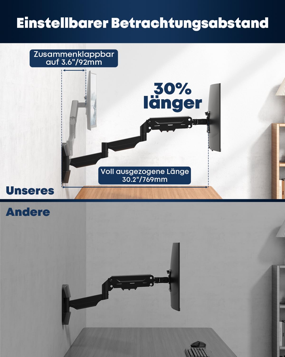 Monitor Wandhalterung Gasfeder 17–32 Zoll – Extra Langer Monitorarm 76,9 cm, schwenkbar & höhenverstellbar, VESA 75/100, bis 9 kg, Schwarz