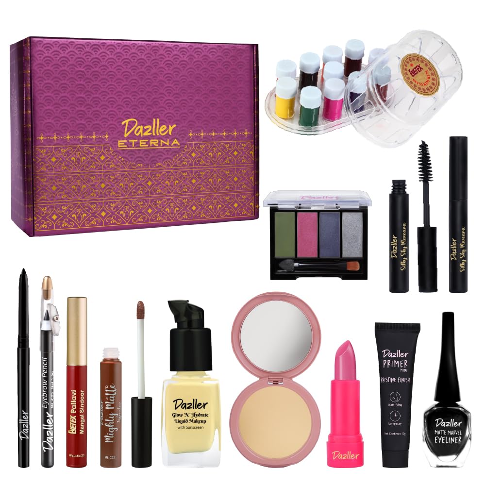 Dazller Grand Glam Kit - Fair Skintone, All-in-One Makeup Set with Primer, Liquid Foundation, Kajal, Mascara, Eyeshadow & More, Long-Stay, Lightweight, Water-Resistant, Suitable for All Skin Types, 99.85g