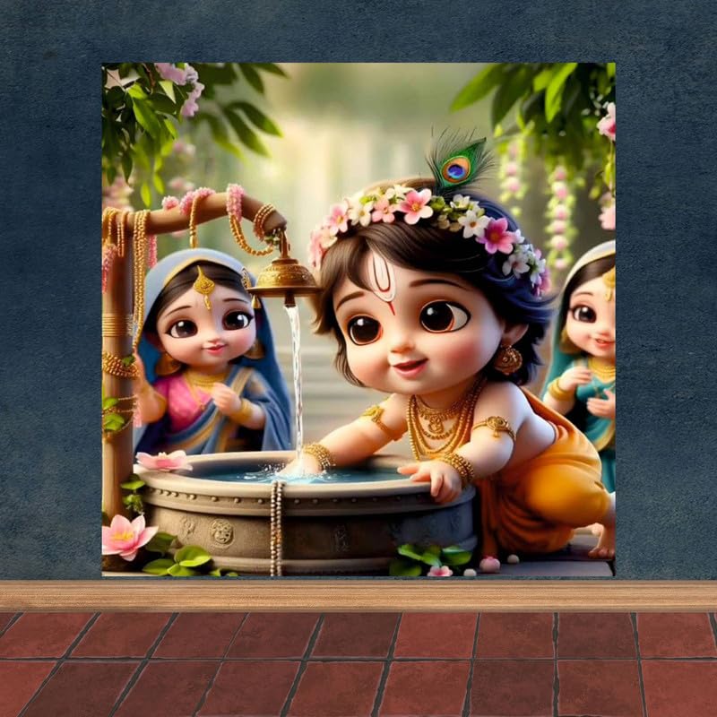 Image of British Terminal Cute little Bal Gopal Baby God Krishna| Kanha Ji | Laddu Lord Makhan Chor Painting Religious Poster for Pregnant Women for wall (matt thin vinyl,sticker,multicolor,unframed)| bj389