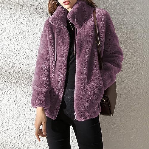 Women's Fashion Plush Coats Winter Warm Cardigan Coat Standing Collar Zip Up Fleece Tops Sweater Jacket2